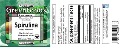 Photo of the Swanson GreenFoods Formulas Spirulina 500 mg label