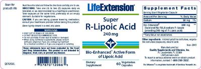 Photo of the Life Extension Super R-Lipoic Acid 240 mg label