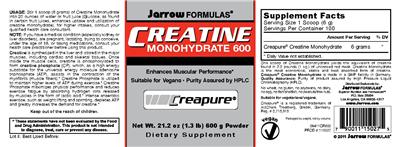 Photo of the Jarrow Formulas Creatine Monohydrate 600 label