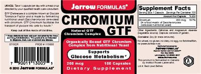 Photo of the Jarrow Formulas Chromium GTF 200 mcg label
