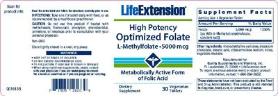 Photo of the Life Extension High Potency Optimized Folate label