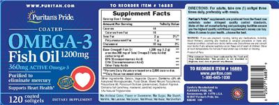 Photo of the Puritan's Pride Omega-3 Fish Oil 1200 mg label