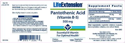 Photo of the Life Extension Pantothenic Acid (Vitamin B-5) 500 mg label