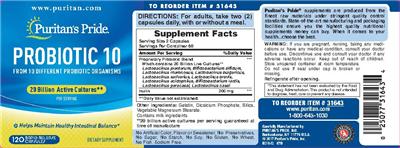 Photo of the Puritan's Pride Probiotic 10 label