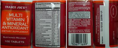 Photo of the Trader Joe's Multi Vitamin & Mineral Antioxidant label