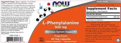 Photo of the NOW L-Phenylalanine 500 mg label