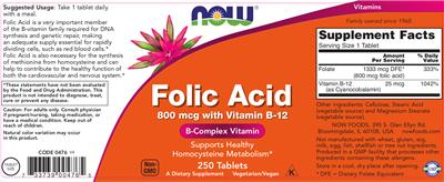 Photo of the NOW Folic Acid 800 mcg label