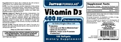 Photo of the Jarrow Formulas Vitamin D3 400 IU In Extra Virgin Olive Oil label