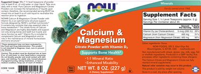 Photo of the NOW Calcium & Magnesium Citrate Powder with Vitamin D3 label