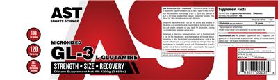 Photo of the AST Sports Science Micronized GL-3 L-Glutamine label