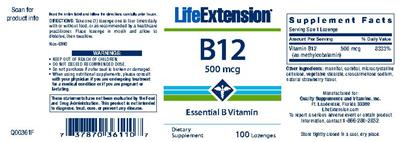 Photo of the Life Extension B12 500 mcg label