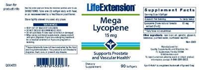 Photo of the Life Extension Mega Lycopene 15 mg label