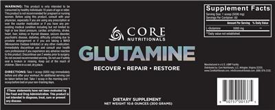 Photo of the Core Nutritionals Glutamine label