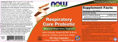 Photo of the NOW Respiratory Care Probiotic label