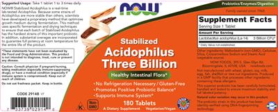 Photo of the NOW Stabilized Acidophilus Three Billion label