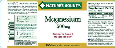 Photo of the Nature's Bounty Magnesium 500 mg label