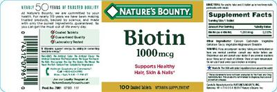 Photo of the Nature's Bounty Biotin 1000 mcg label