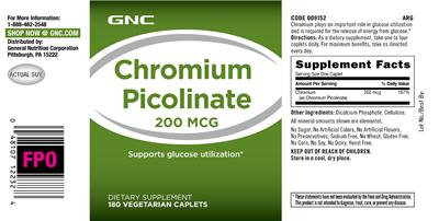 Photo of the GNC Chromium Picolinate 200 mcg label