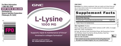 Photo of the GNC L-Lysine 1000 mg label