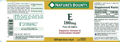 Photo of the Nature's Bounty E 180 mg label