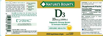 Photo of the Nature's Bounty D3 25 mcg (1000 IU) label