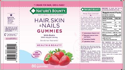Photo of the Nature's Bounty Optimal Solutions Hair, Skin & Nails Gummies With Biotin Strawberry Flavored label