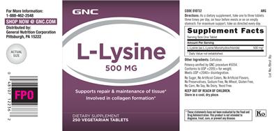 Photo of the GNC L-Lysine 500 mg label