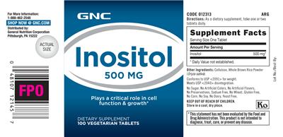 Photo of the GNC Inositol 500 mg label
