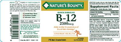 Photo of the Nature's Bounty Quick Dissolve B-12 2500 mcg Natural Cherry Flavor label