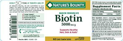 Photo of the Nature's Bounty Quick Dissolve Biotin 5000 mcg Natural Strawberry Flavor label