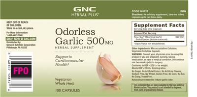 Photo of the GNC Herbal Plus Odorless Garlic 500 mg label