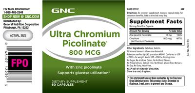 Photo of the GNC Ultra Chromium Picolinate 800 mcg label