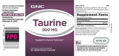 Photo of the GNC Taurine 500 mg label