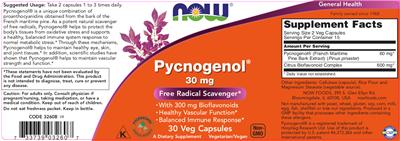 Photo of the NOW Pycnogenol 30 mg label