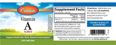 Photo of the Carlson Vitamin A 10,000 IU label