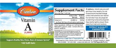 Photo of the Carlson Vitamin A 25,000 IU label