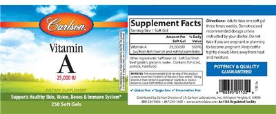Photo of the Carlson Vitamin A 25,000 IU label