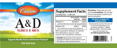 Photo of the Carlson A & D 10,000 IU & 400 IU label