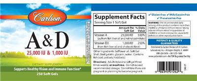 Photo of the Carlson A & D 25,000 IU & 1,000 IU label