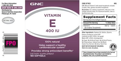 Photo of the GNC Vitamin E 400 IU label