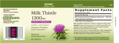 Photo of the GNC Herbal Plus Milk Thistle 1300 mg label