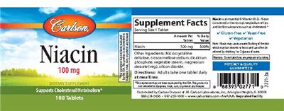 Photo of the Carlson Niacin 100 mg label