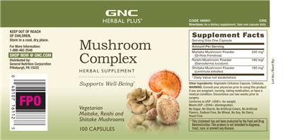 Photo of the GNC Herbal Plus Mushroom Complex label
