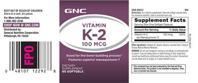 Photo of the GNC Vitamin K-2 100 mcg label