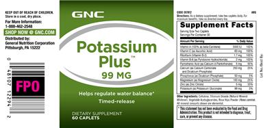 Photo of the GNC Potassium Plus 99 mg label