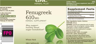 Photo of the GNC Herbal Plus Fenugreek 610 mg label