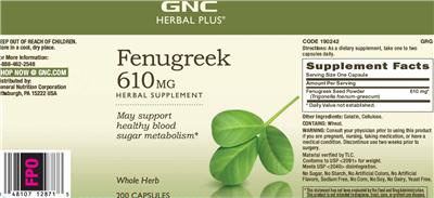 Photo of the GNC Herbal Plus Fenugreek 610 mg label