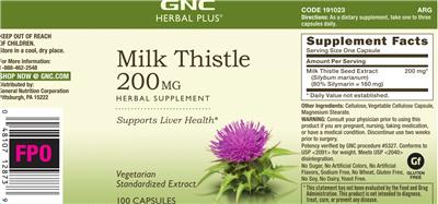 Photo of the GNC Herbal Plus Milk Thistle 200 mg label