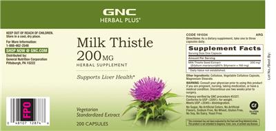 Photo of the GNC Herbal Plus Milk Thistle 200 mg label