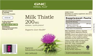 Photo of the GNC Herbal Plus Milk Thistle 200 mg label